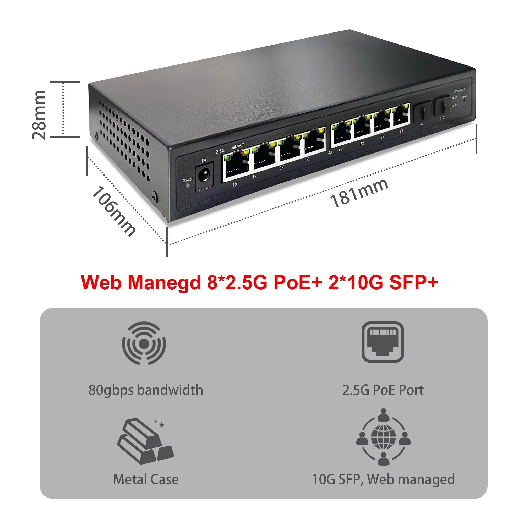 Sfp+ 10G Managed Switch 8 Port - 2.5G Switch PoE yang Dikelola Secara